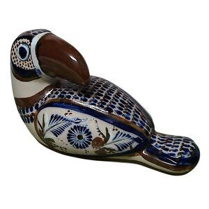 Vintage J Santana Tonala Mexico Ceramic Toucan Hand-Painted Floral Blue Brown